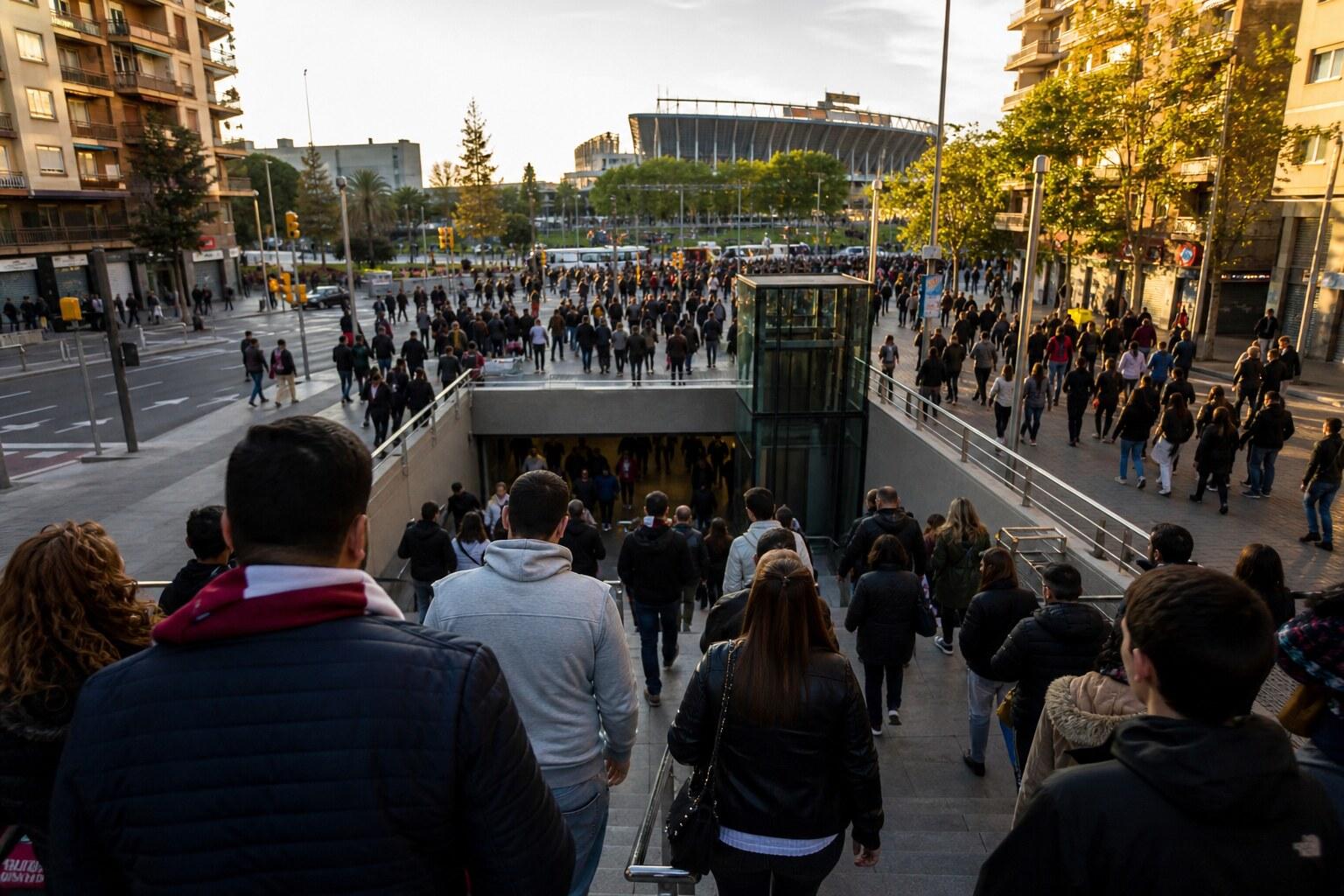 Football supporters leaving a Barcelona metro station for a stadium