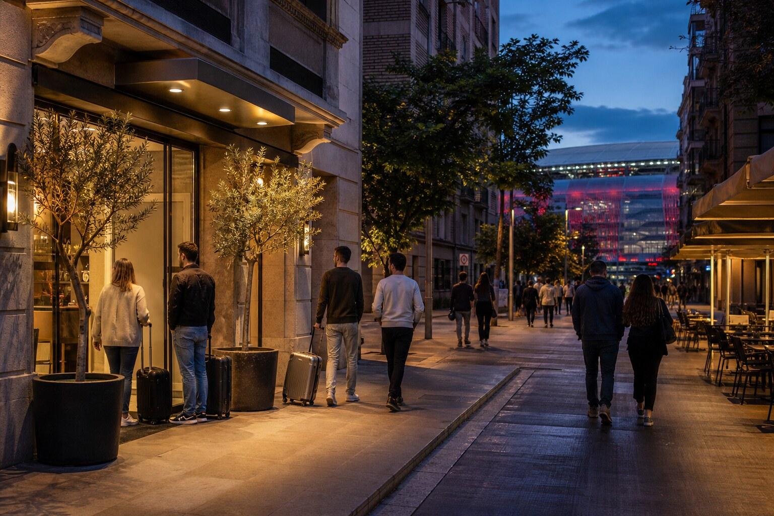 Hotel street in Barcelona’s Les Corts district on a football evening