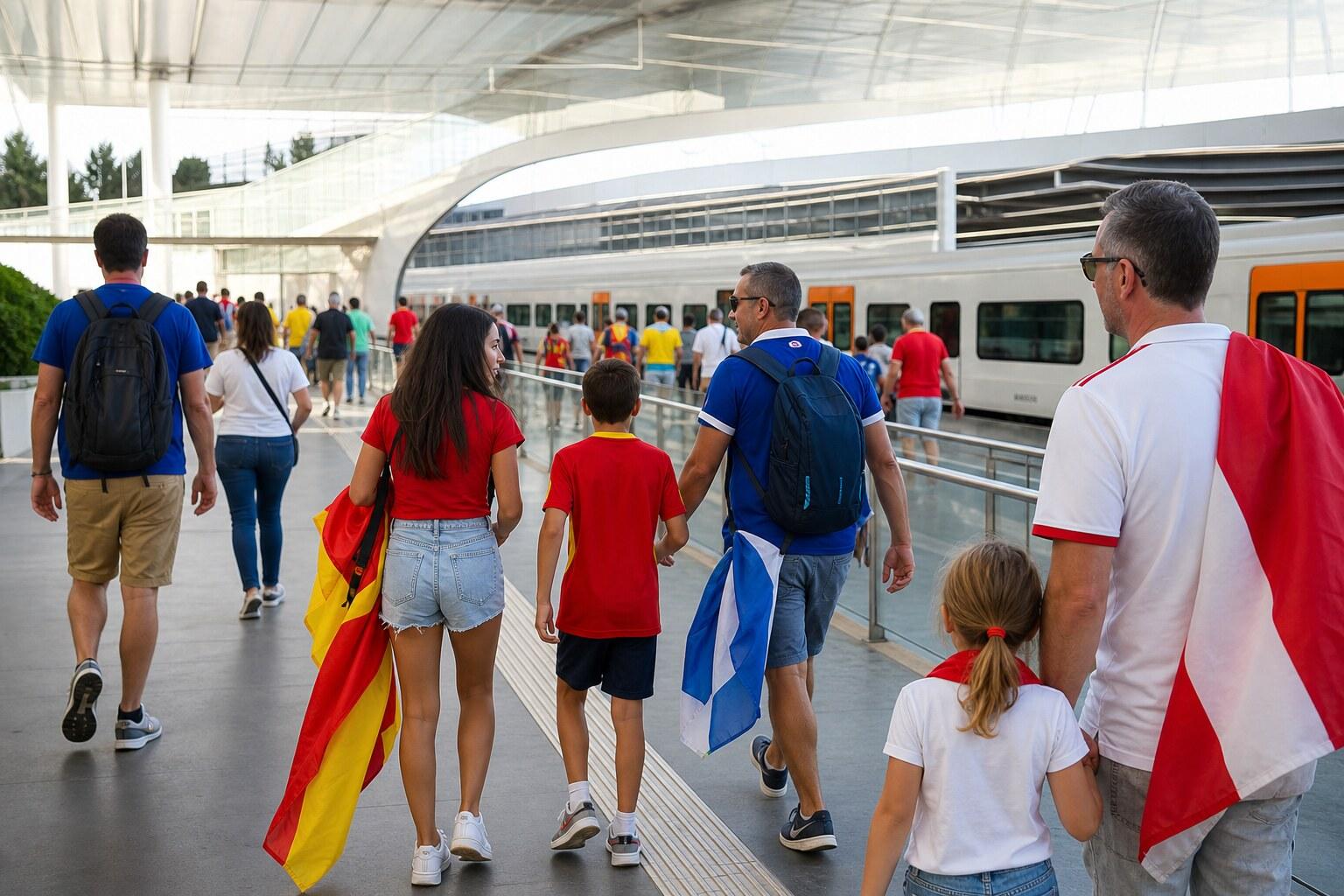Families and football supporters using modern public transport in Barcelona