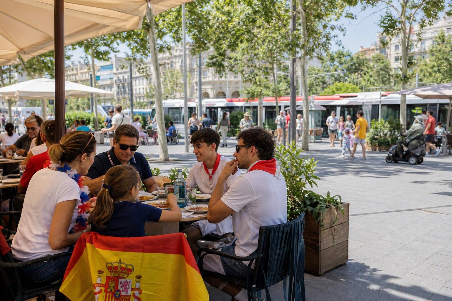 Football supporters eating together in a shaded Barcelona plaza