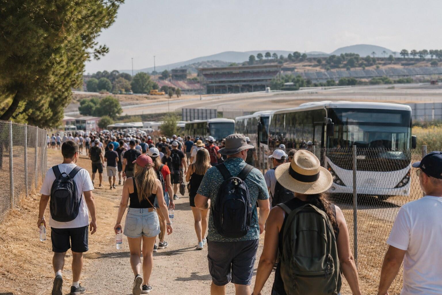 Formula 1 spectators walking from event buses toward the circuit