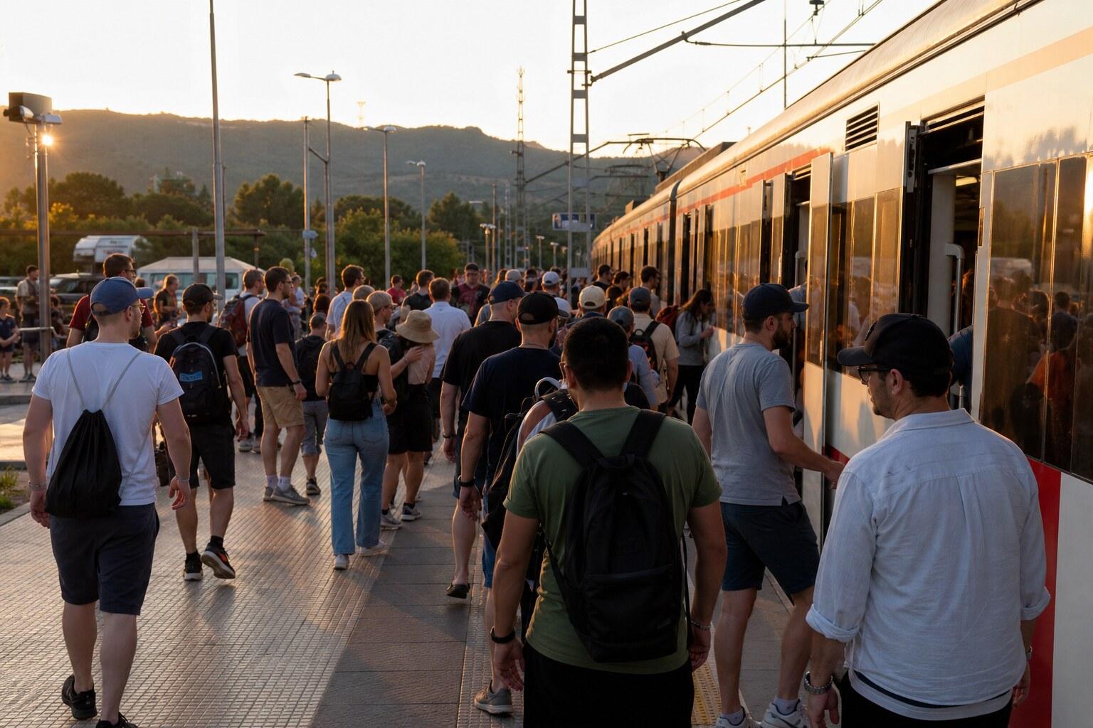 Racing fans waiting for an evening train after leaving the circuit