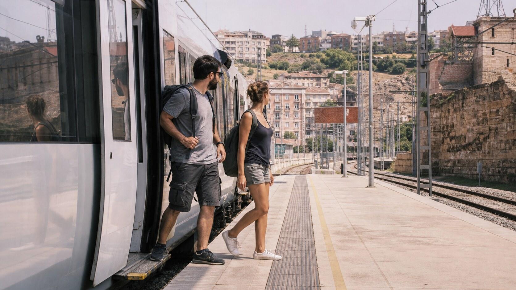 Travelers arriving by train at central Tarragona station