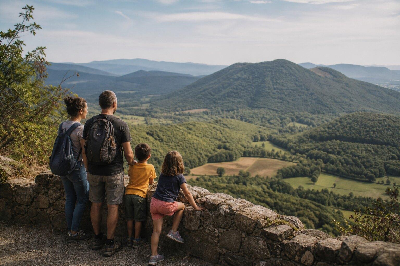 Parents and children looking across the Garrotxa volcanic landscape