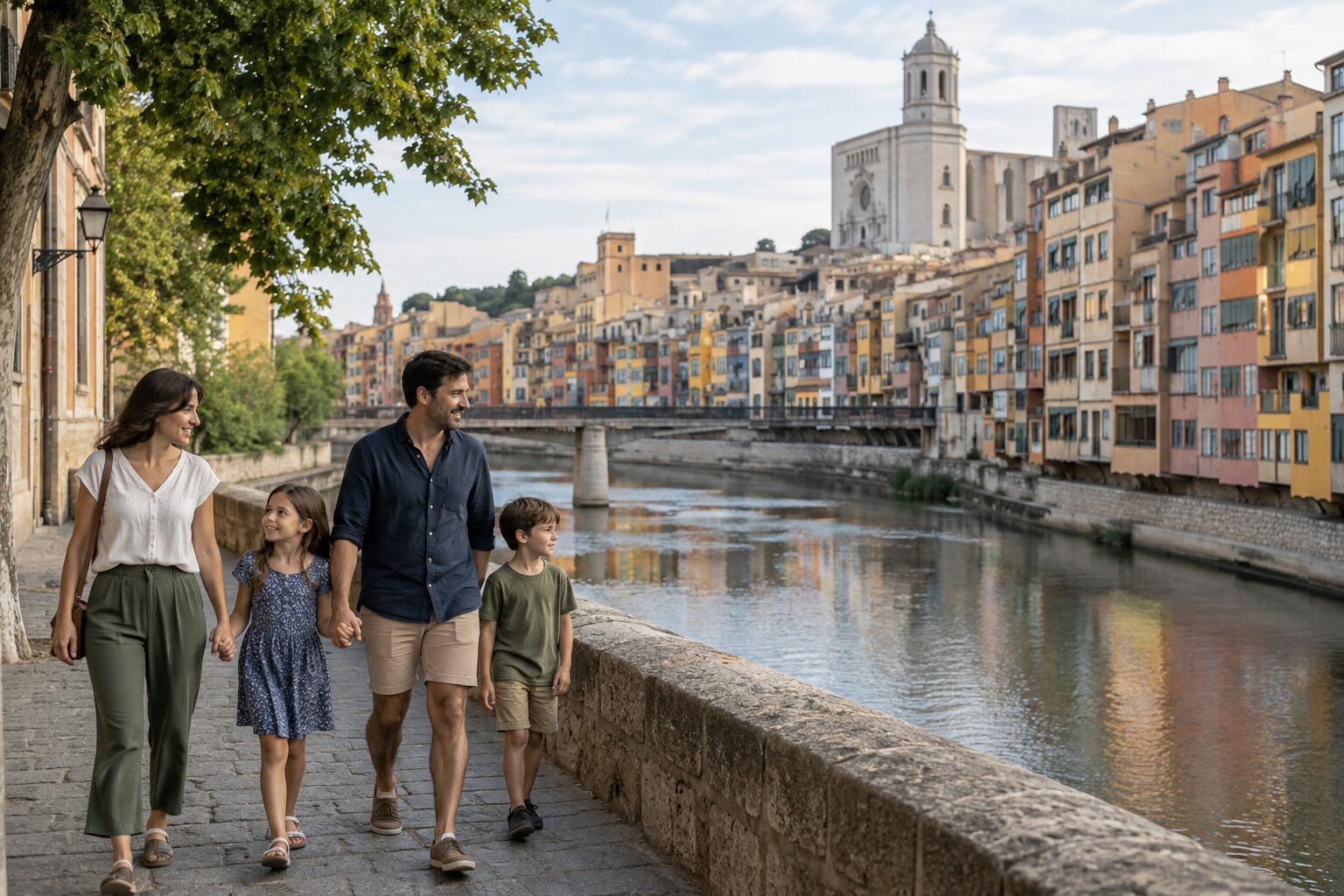 Family walking beside Girona's colorful river houses