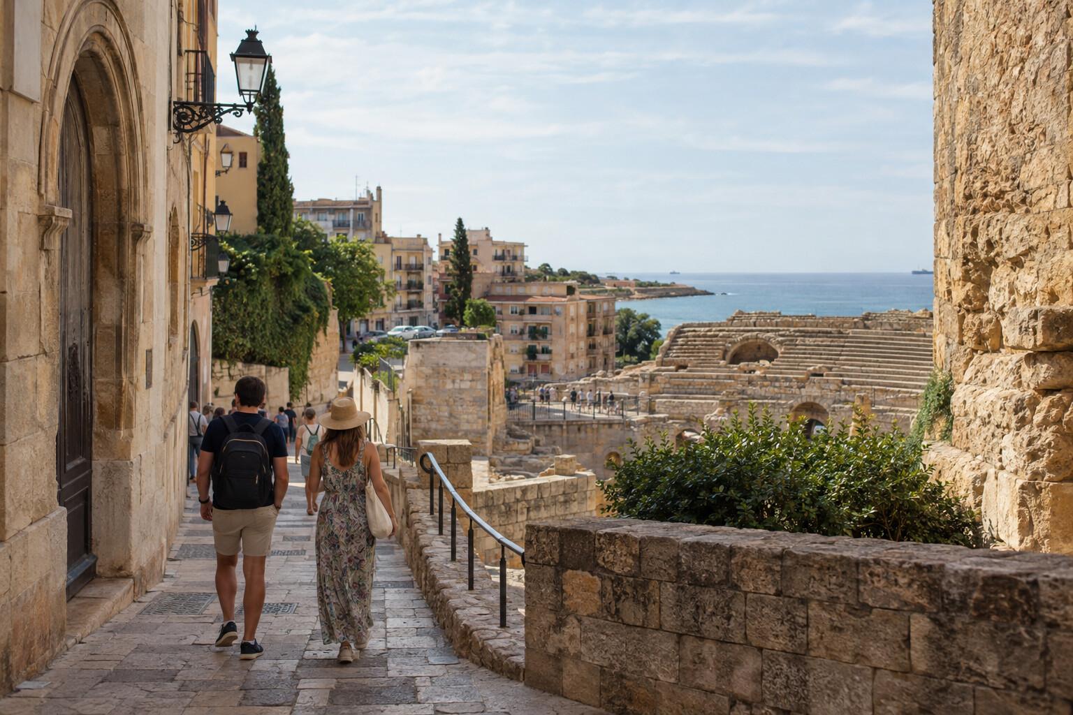 Travelers walking through Tarragona's Roman old town