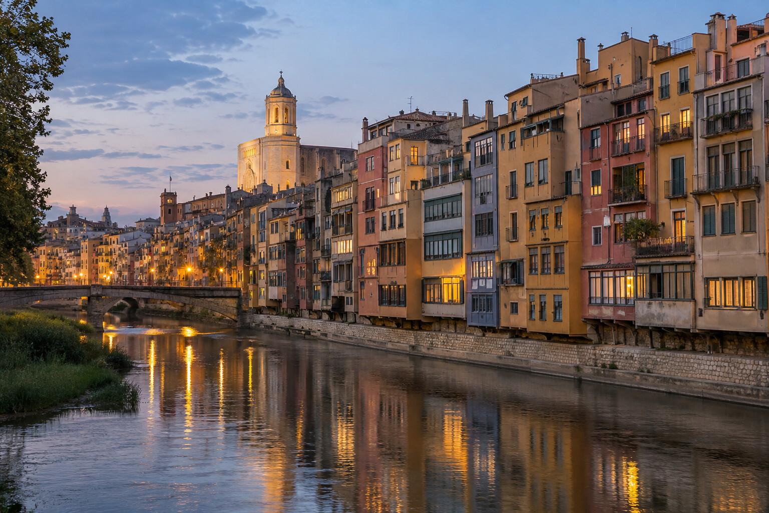 Evening view across Girona's Onyar river houses