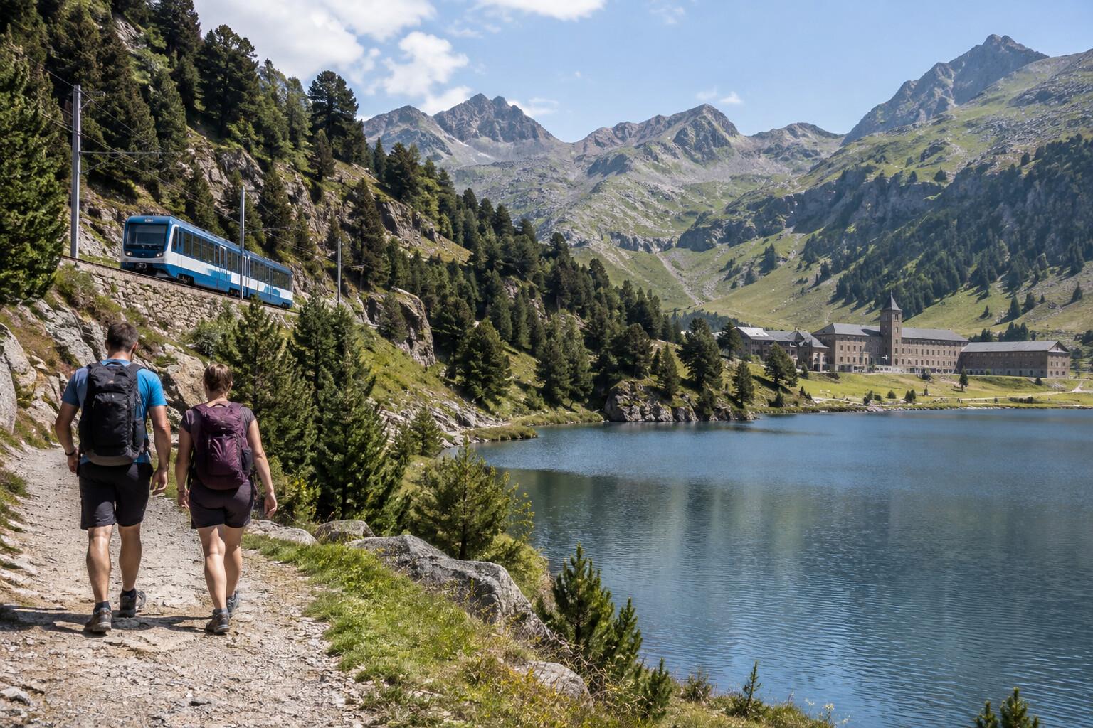 Walkers beside the lake and rack railway in Vall de Núria