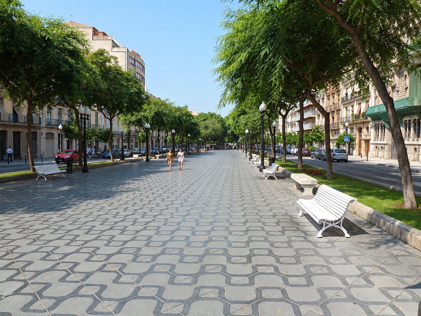 Tree-lined Rambla Nova promenade with benches in Tarragona