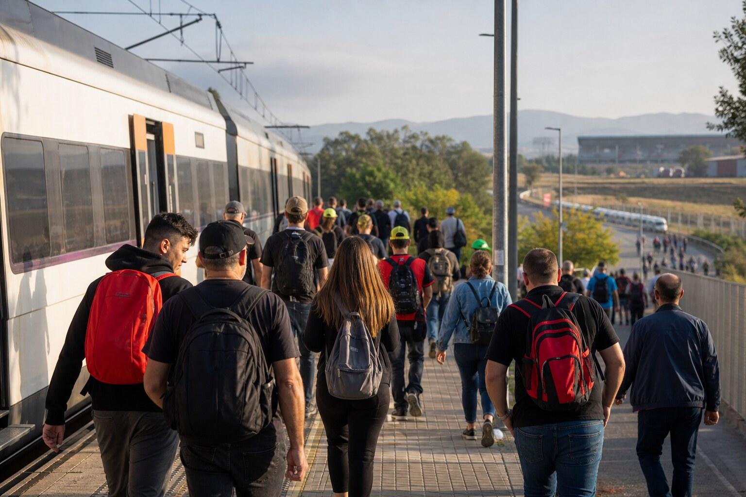 MotoGP spectators arriving by commuter train near Montmeló