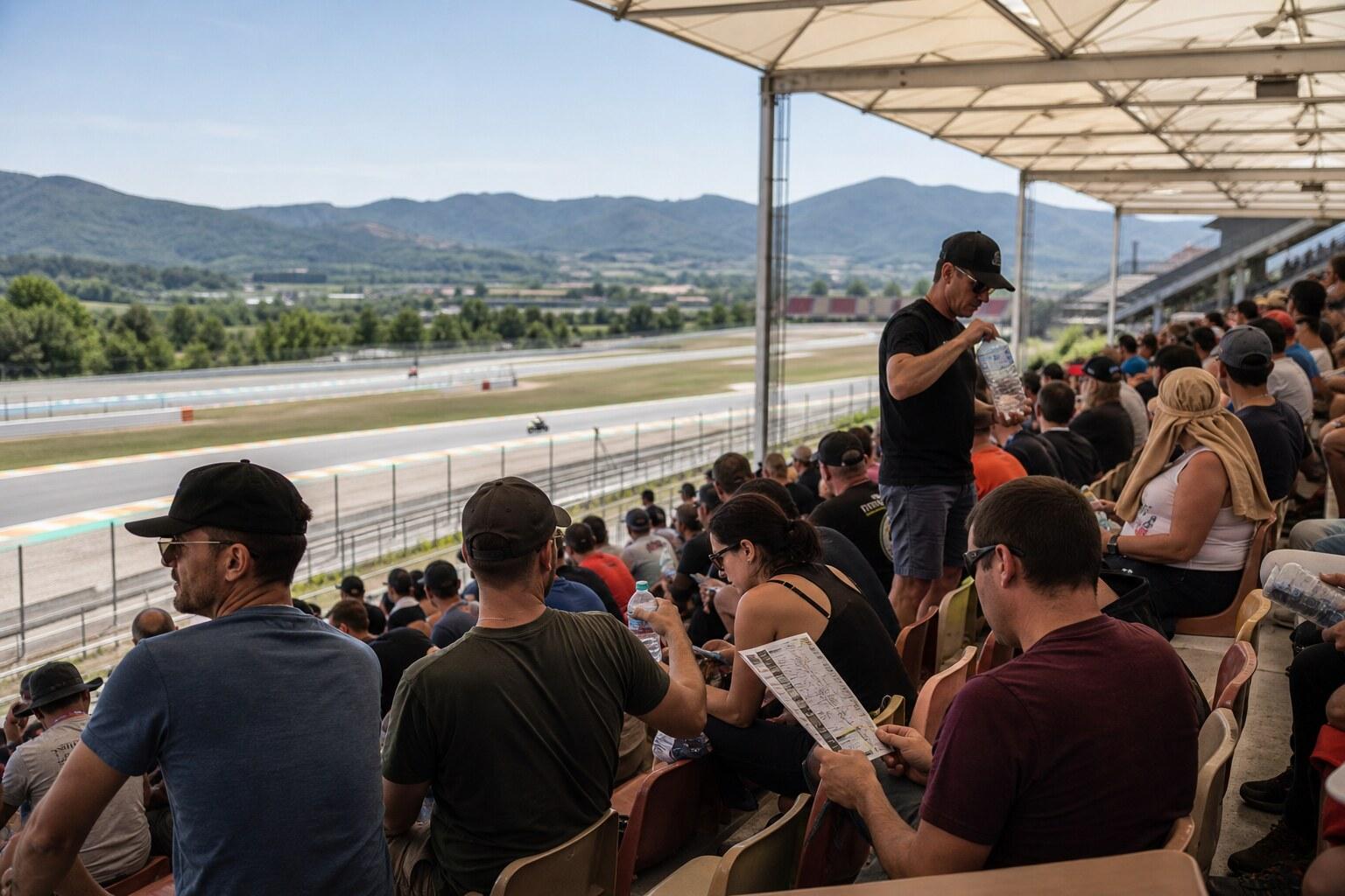 Motorcycle racing fans resting in a shaded grandstand