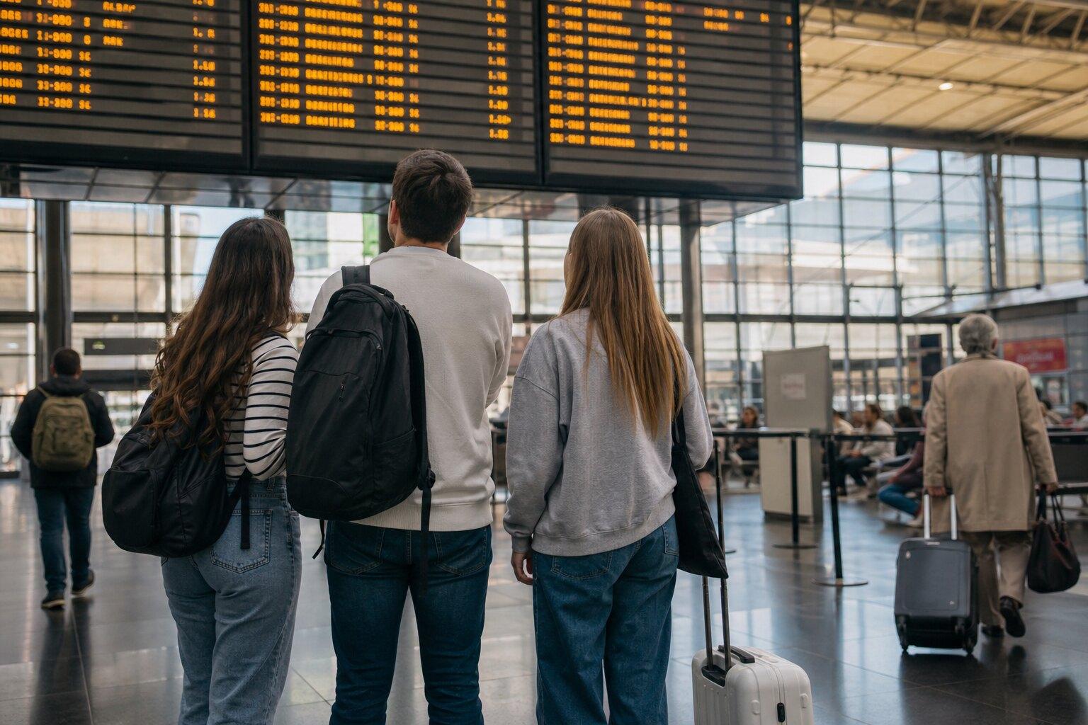 Travelers reading a departure board at Barcelona Sants station